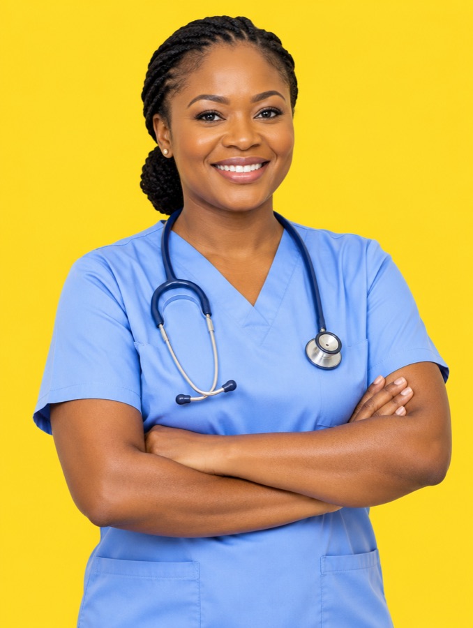 Registered midwife smiling in a clinic